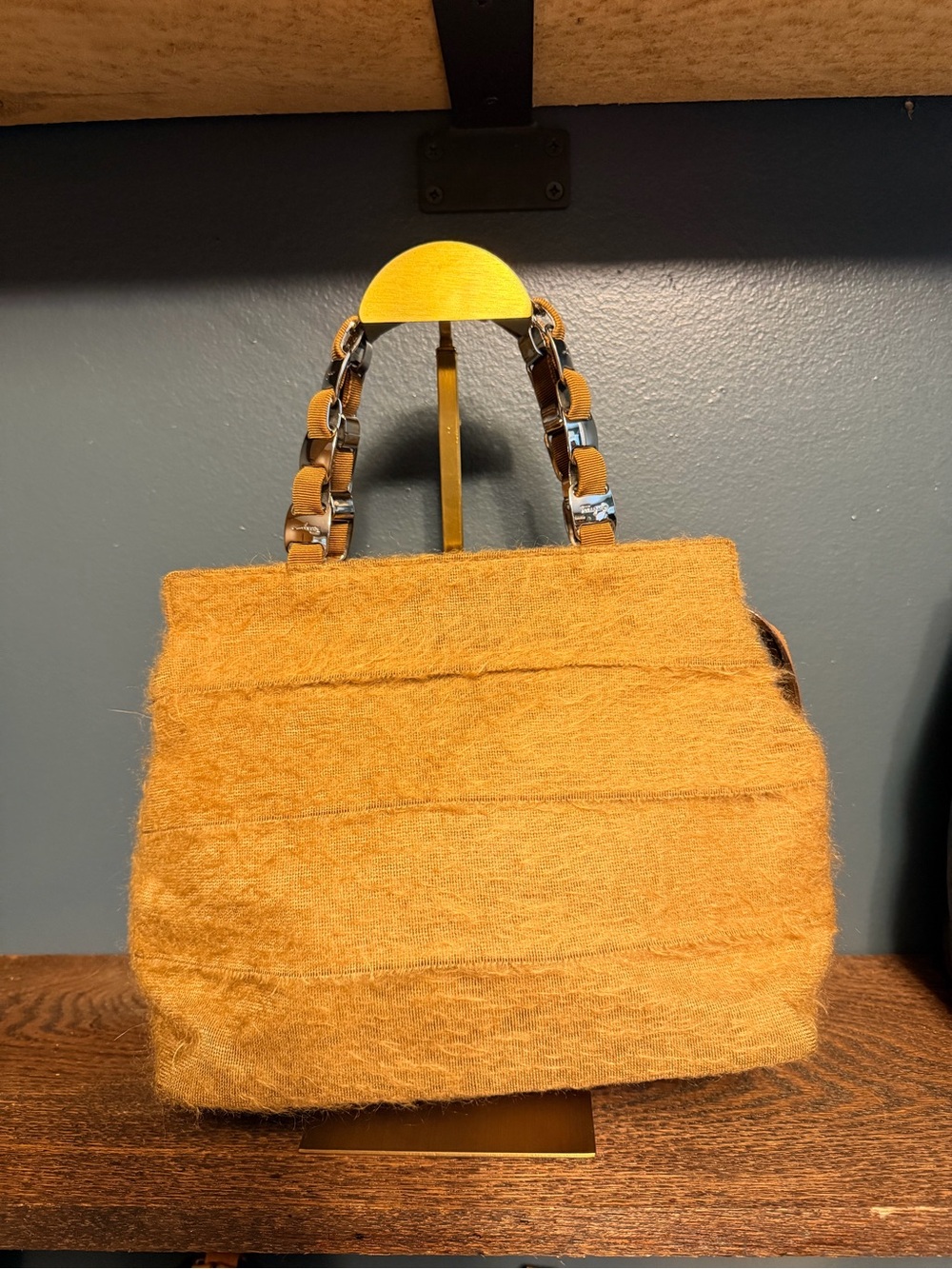Salvatore Ferragamo Rare Vintage Mustard Yellow Layered Wool Handle Satchel